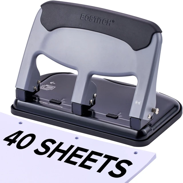 Main image of EZ Squeeze Heavy Duty 3 Hole Punch, 40 Sheet Capacity, Slate EZ-Squeeze Technology, All-Metal Construction, Easy-to-Clean Tray, Keeps Documents Centered, Built for Years of Use
