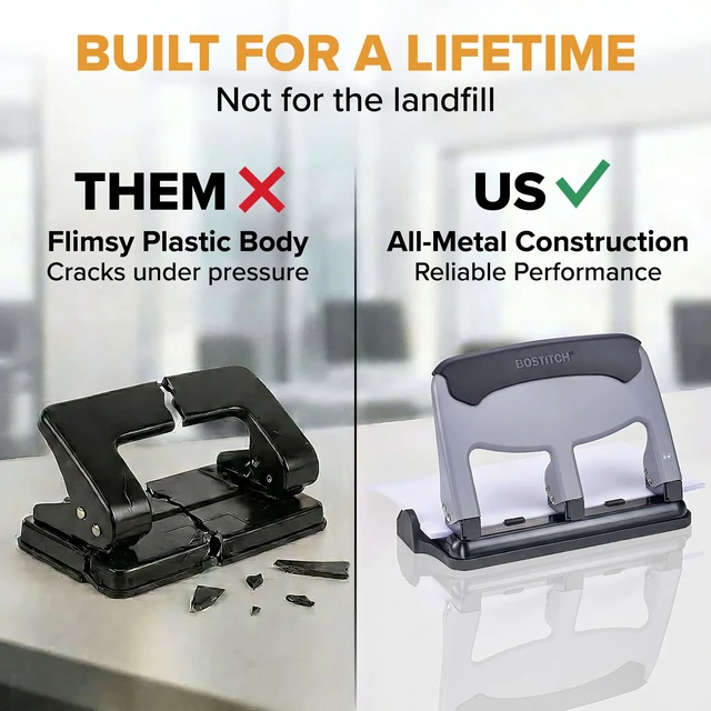Alt view image 4 of 7 - EZ Squeeze Heavy Duty 3 Hole Punch, 40 Sheet Capacity, Slate EZ-Squeeze Technology, All-Metal Construction, Easy-to-Clean Tray, Keeps Documents Centered, Built for Years of Use
