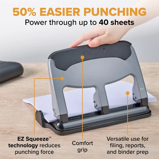 Alt view image 2 of 7 - EZ Squeeze Heavy Duty 3 Hole Punch, 40 Sheet Capacity, Slate EZ-Squeeze Technology, All-Metal Construction, Easy-to-Clean Tray, Keeps Documents Centered, Built for Years of Use