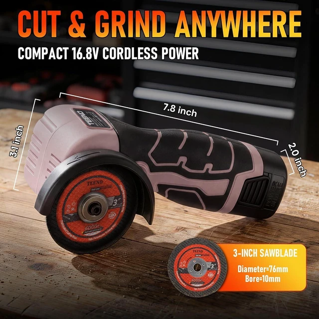 Alt view image 2 of 7 - Cordless Angle Grinder Kit, 19,500 RPM Mini Electric Angle Grinding Tool with 2 Pcs 16.8V 2000mAh Batteries and 6 Cutting Discs, 3-Inch Handheld Grinder for DIY & Home Improvement, Pink