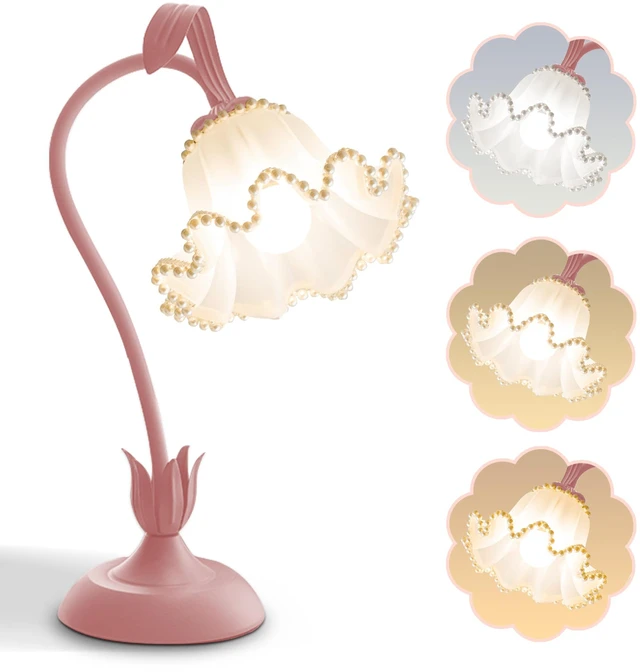Main image of Flower Table Lamp LED Reading Light Vintage Night light (Pink Pearls) 3 Colors Modes Kawaii Bedside Lamps Decor,Living Room Bedroom Room Lighting Table Lamps Home Decoration