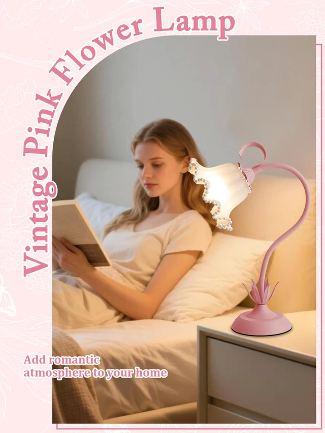 Alt view image 2 of 6 - Flower Table Lamp LED Reading Light Vintage Night light (Pink Pearls) 3 Colors Modes Kawaii Bedside Lamps Decor,Living Room Bedroom Room Lighting Table Lamps Home Decoration