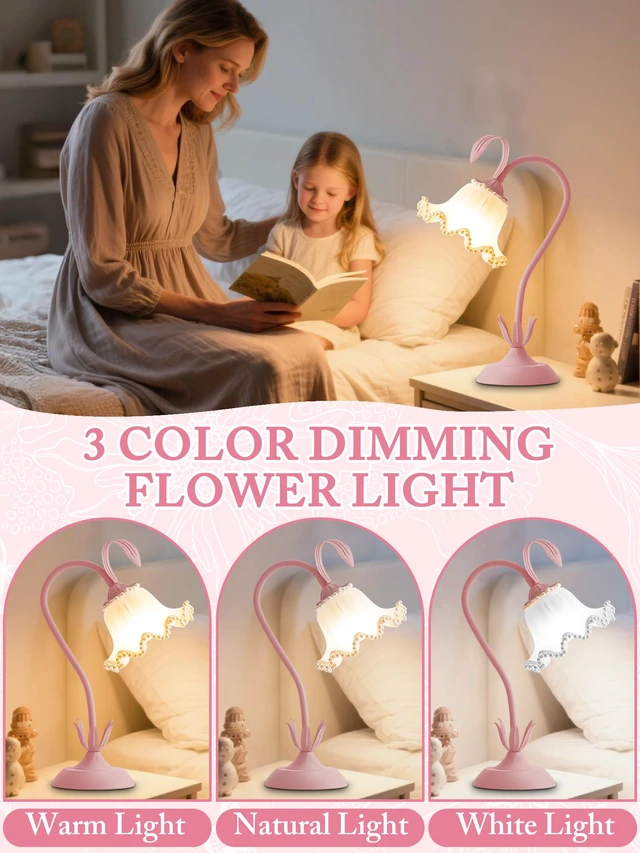 Alt view image 3 of 6 - Flower Table Lamp LED Reading Light Vintage Night light (Pink Pearls) 3 Colors Modes Kawaii Bedside Lamps Decor,Living Room Bedroom Room Lighting Table Lamps Home Decoration