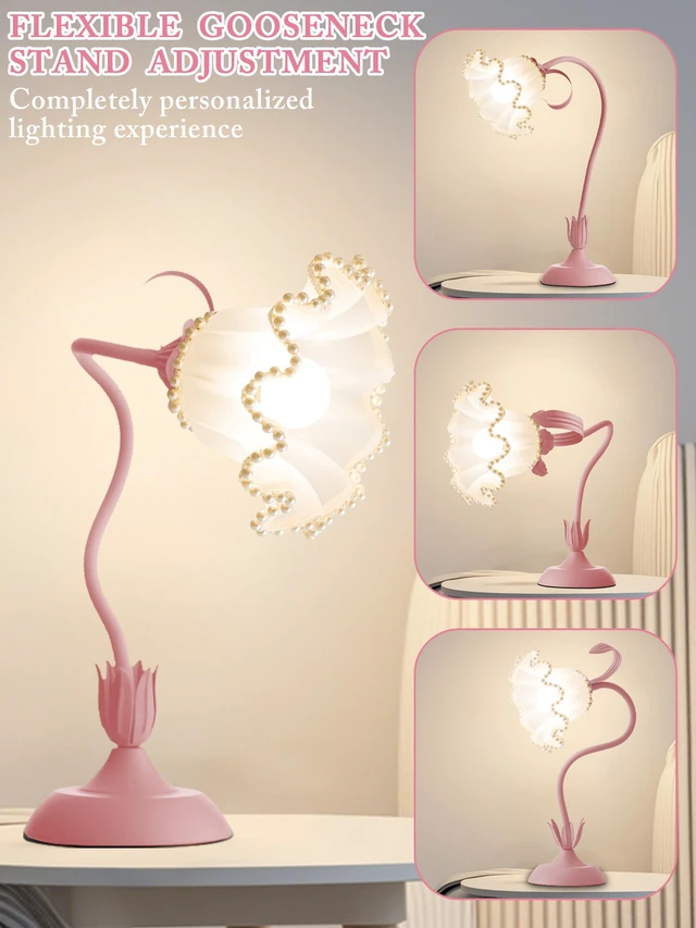 Alt view image 4 of 6 - Flower Table Lamp LED Reading Light Vintage Night light (Pink Pearls) 3 Colors Modes Kawaii Bedside Lamps Decor,Living Room Bedroom Room Lighting Table Lamps Home Decoration