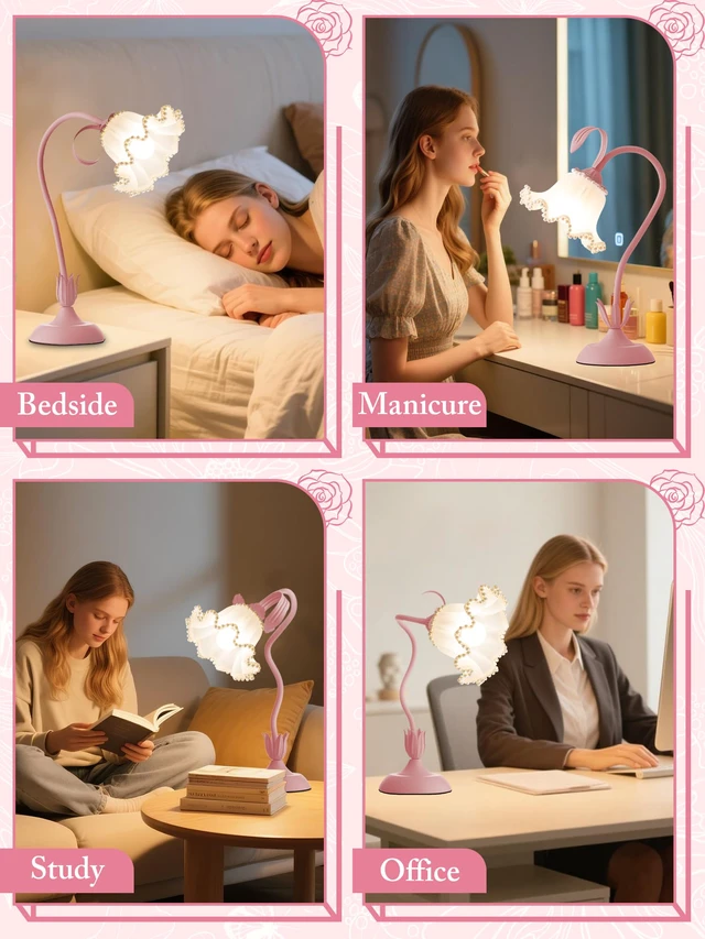 Alt view image 6 of 6 - Flower Table Lamp LED Reading Light Vintage Night light (Pink Pearls) 3 Colors Modes Kawaii Bedside Lamps Decor,Living Room Bedroom Room Lighting Table Lamps Home Decoration