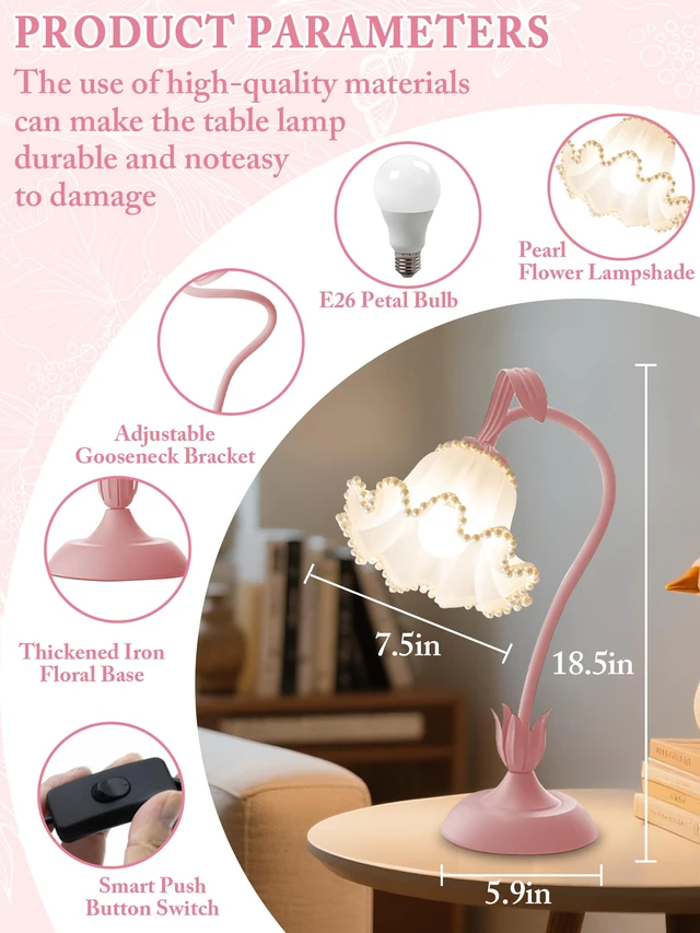 Alt view image 5 of 6 - Flower Table Lamp LED Reading Light Vintage Night light (Pink Pearls) 3 Colors Modes Kawaii Bedside Lamps Decor,Living Room Bedroom Room Lighting Table Lamps Home Decoration