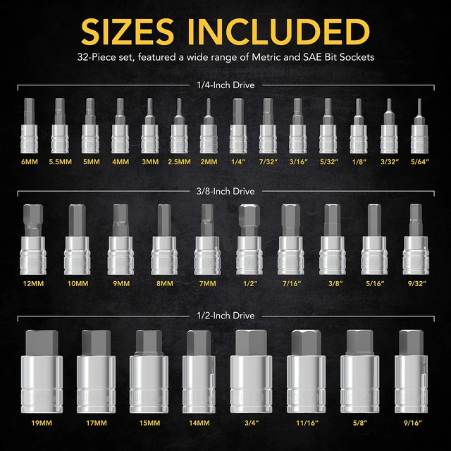 Alt view image 6 of 7 - Master HEX Bit Socket Set, Premium S2 Alloy Steel | Complete 32-Piece, SAE and Metric Set | Enhanced Storage Case (LX-144)