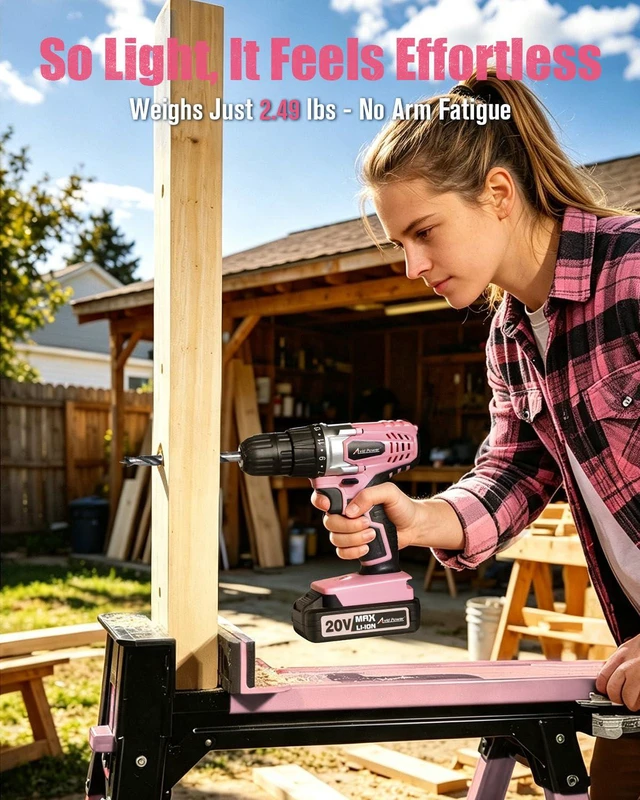 Alt view image 5 of 7 - 20V Cordless Drill Set for Home DIY & Beginner Projects - Lightweight Power Drill with Battery Charger & 22 Bits, Variable Speed, 3/8" Keyless Chuck, Ideal for Furniture Assembly (Pink)