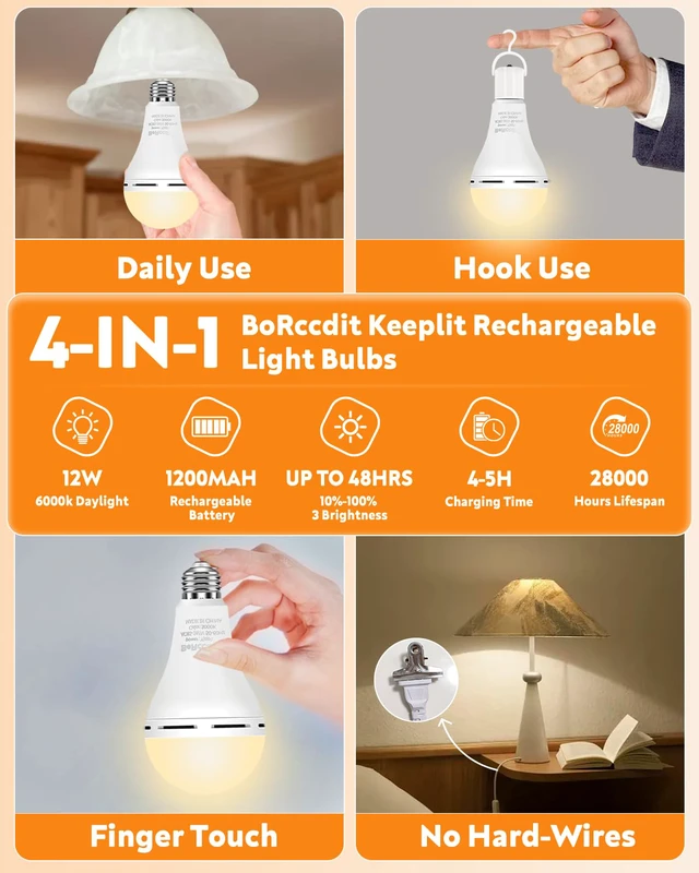 Alt view image 5 of 6 - KeepLit 10 Pack Emergency Rechargeable Light Bulbs, 48H Long Lasting & 3 Brightness Power Outage Light,12W 3000K Battery Backup Emergency Light Bulbs for Home Power Failure Hurricane