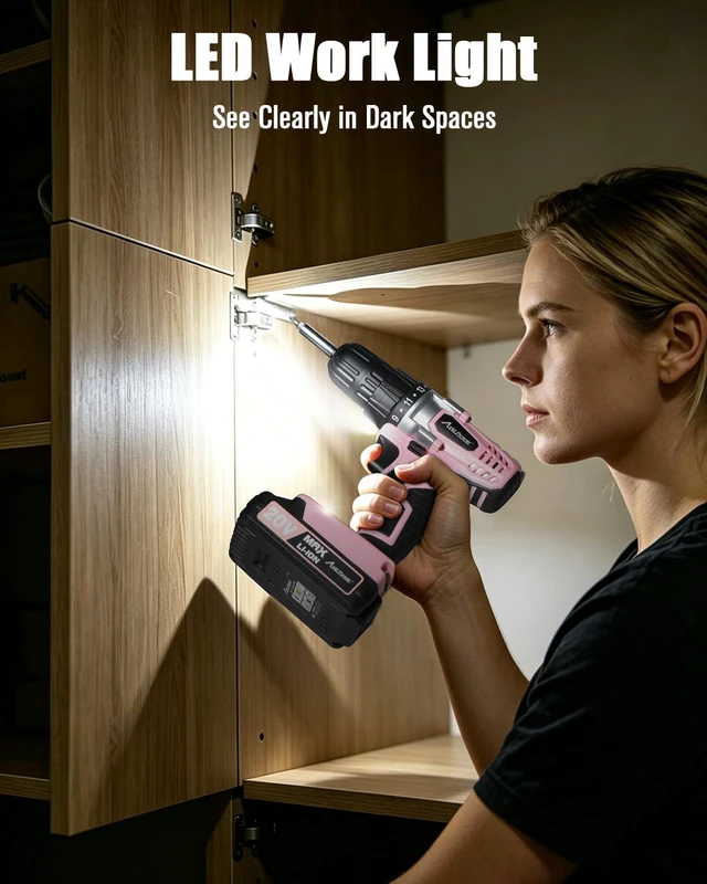 Alt view image 7 of 7 - 20V Cordless Drill Set for Home DIY & Beginner Projects - Lightweight Power Drill with Battery Charger & 22 Bits, Variable Speed, 3/8" Keyless Chuck, Ideal for Furniture Assembly (Pink)