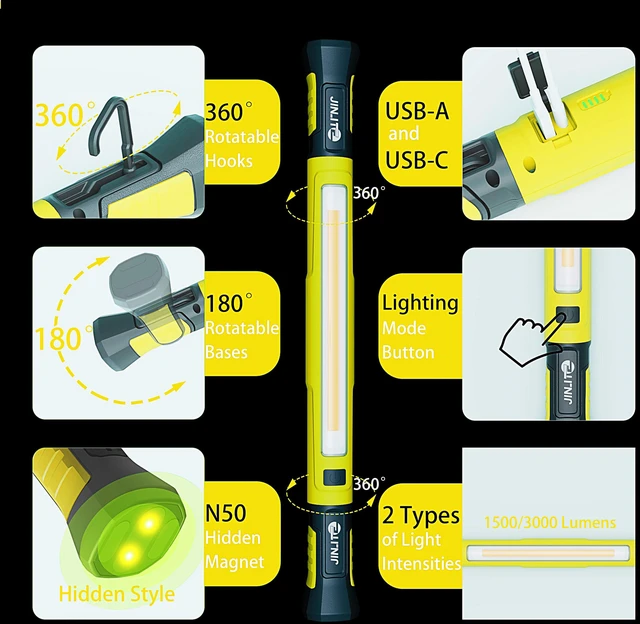 Alt view image 2 of 7 - Magnetic Work Light - 3000LM Rechargeable LED Work Light Bar, 5200mAh Under Hood Mechanic Light for Garage, Workshop, Vehicle Inspection (1 Pack, Yellow)