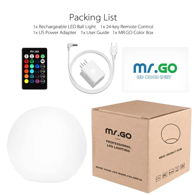 Alt view image 7 of 7 - 8-inch Ultra-Fun LED Glowing Ball Light w/Remote, RGB Color Changing Globe Mood Lamp, 16 Colors 8 Brightness 4 Lighting Modes, Waterproof, Rechargeable & AC Adapter Power, Stunning Light Orb