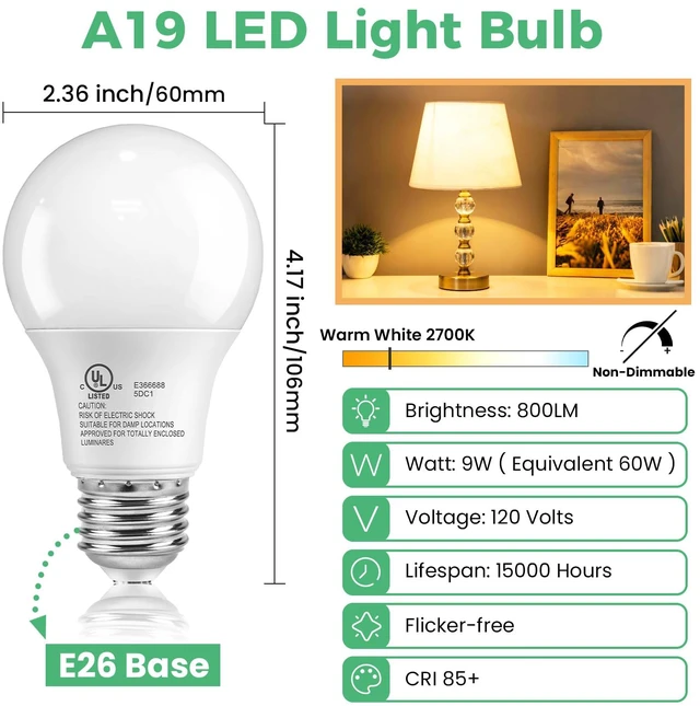 Alt view image 3 of 7 - 6 Pack A19 LED Light Bulbs, Soft Warm White 2700K, 60 Watt Equivalent 9W Energy Efficient, E26 Standard Base 120V, 800 Lumen, Non-Dimmable, UL Listed Type A Lamp for Bedroom Bathroom Indoor