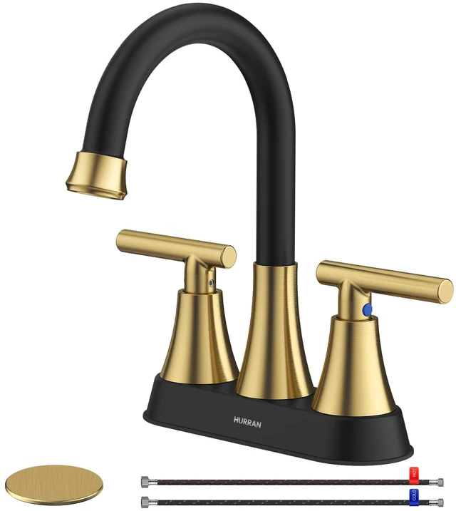 Main image of Bathroom Faucet, 4 inch Centerset 2-Handle Lead-Free, Black&Gold Bathroom Sink Faucet with Pop-up Drain and Supply Lines, Stainless Steel Faucet for Vanity RV Restroom Laundry Outdoor Sink