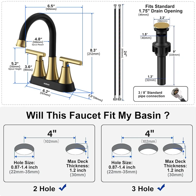Alt view image 5 of 6 - Bathroom Faucet, 4 inch Centerset 2-Handle Lead-Free, Black&Gold Bathroom Sink Faucet with Pop-up Drain and Supply Lines, Stainless Steel Faucet for Vanity RV Restroom Laundry Outdoor Sink