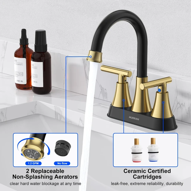 Alt view image 4 of 6 - Bathroom Faucet, 4 inch Centerset 2-Handle Lead-Free, Black&Gold Bathroom Sink Faucet with Pop-up Drain and Supply Lines, Stainless Steel Faucet for Vanity RV Restroom Laundry Outdoor Sink