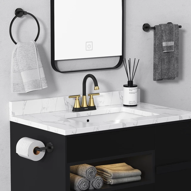 Alt view image 6 of 6 - Bathroom Faucet, 4 inch Centerset 2-Handle Lead-Free, Black&Gold Bathroom Sink Faucet with Pop-up Drain and Supply Lines, Stainless Steel Faucet for Vanity RV Restroom Laundry Outdoor Sink
