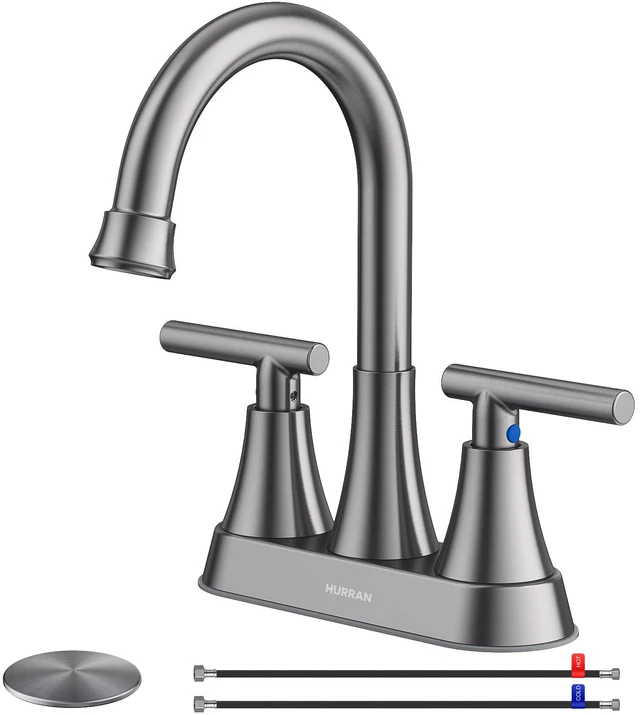Main image of Bathroom Faucet, 4 inch Centerset 2-Handle Lead-Free, Brushed Grey Bathroom Sink Faucet with Pop-up Drain and Supply Lines, Stainless Steel Faucet for Vanity RV Restroom Laundry Outdoor Sink