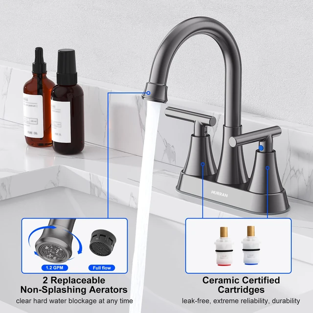 Alt view image 4 of 6 - Bathroom Faucet, 4 inch Centerset 2-Handle Lead-Free, Brushed Grey Bathroom Sink Faucet with Pop-up Drain and Supply Lines, Stainless Steel Faucet for Vanity RV Restroom Laundry Outdoor Sink