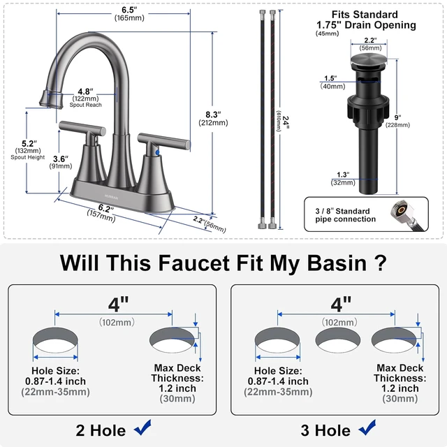 Alt view image 5 of 6 - Bathroom Faucet, 4 inch Centerset 2-Handle Lead-Free, Brushed Grey Bathroom Sink Faucet with Pop-up Drain and Supply Lines, Stainless Steel Faucet for Vanity RV Restroom Laundry Outdoor Sink
