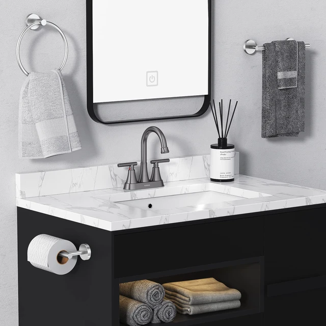 Alt view image 6 of 6 - Bathroom Faucet, 4 inch Centerset 2-Handle Lead-Free, Brushed Grey Bathroom Sink Faucet with Pop-up Drain and Supply Lines, Stainless Steel Faucet for Vanity RV Restroom Laundry Outdoor Sink