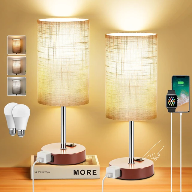 Main image of Bedside Table Lamp Set of 2, 13.8" Small Lamp for Bedroom Nightstand AC Outlet,3 Dimmable,Rocker Switch,Gray Fabric Lampshade,Brown Base,Nightstand Desk Lamp for Living Room Home Decor Lights