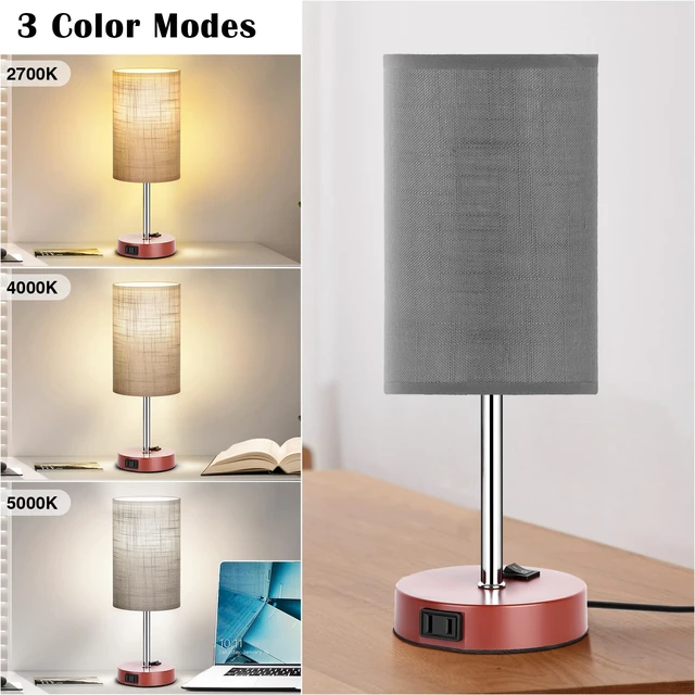 Alt view image 2 of 7 - Bedside Table Lamp Set of 2, 13.8" Small Lamp for Bedroom Nightstand AC Outlet,3 Dimmable,Rocker Switch,Gray Fabric Lampshade,Brown Base,Nightstand Desk Lamp for Living Room Home Decor Lights