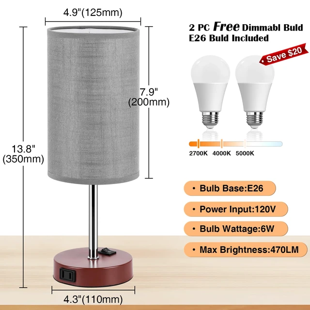 Alt view image 3 of 7 - Bedside Table Lamp Set of 2, 13.8" Small Lamp for Bedroom Nightstand AC Outlet,3 Dimmable,Rocker Switch,Gray Fabric Lampshade,Brown Base,Nightstand Desk Lamp for Living Room Home Decor Lights