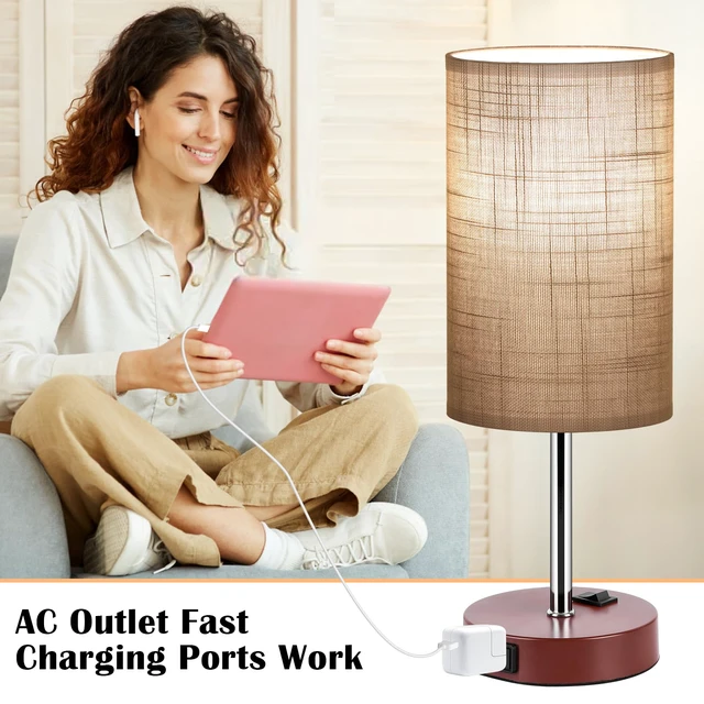 Alt view image 4 of 7 - Bedside Table Lamp Set of 2, 13.8" Small Lamp for Bedroom Nightstand AC Outlet,3 Dimmable,Rocker Switch,Gray Fabric Lampshade,Brown Base,Nightstand Desk Lamp for Living Room Home Decor Lights