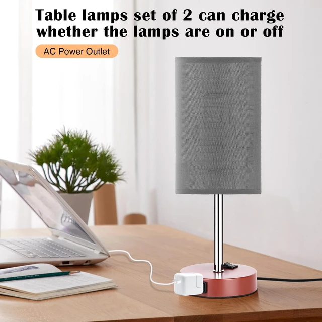 Alt view image 5 of 7 - Bedside Table Lamp Set of 2, 13.8" Small Lamp for Bedroom Nightstand AC Outlet,3 Dimmable,Rocker Switch,Gray Fabric Lampshade,Brown Base,Nightstand Desk Lamp for Living Room Home Decor Lights