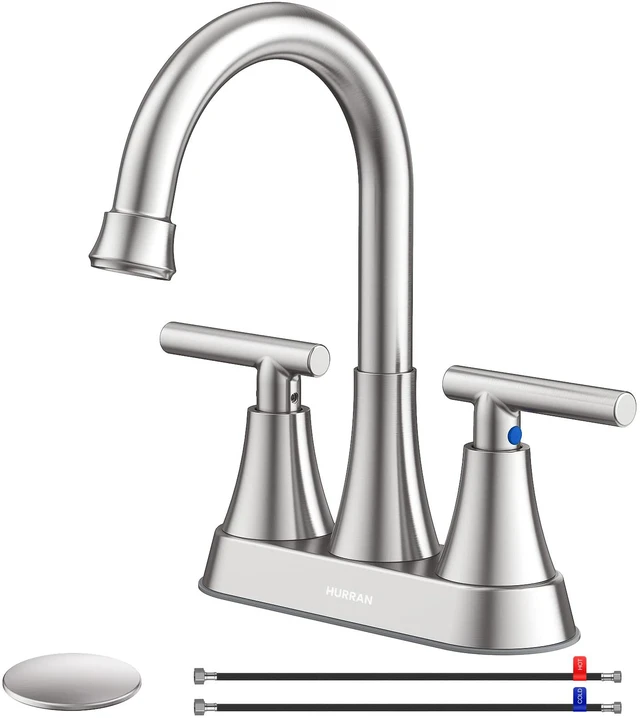 Main image of Bathroom Faucet, 4 inch Centerset 2-Handle Lead-Free, Brushed Nickel Bathroom Sink Faucet with Pop-up Drain and Supply Lines, Stainless Steel Faucet for Vanity RV Restroom Laundry Outdoor Sink