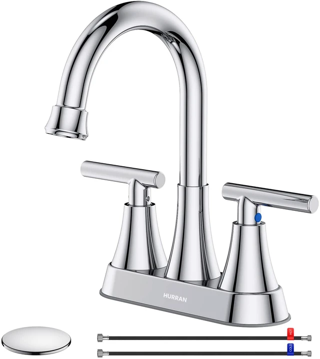 Main image of Bathroom Faucet, 4 inch Centerset 2-Handle Lead-Free, Chrome Bathroom Sink Faucet with Pop-up Drain and Supply Lines, Stainless Steel Faucet for Vanity RV Restroom Laundry Outdoor Sink