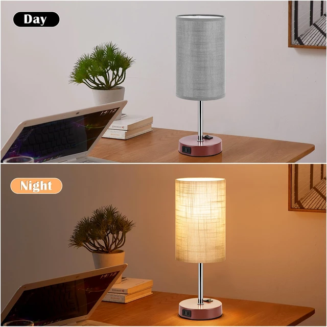 Alt view image 6 of 7 - Bedside Table Lamp Set of 2, 13.8" Small Lamp for Bedroom Nightstand AC Outlet,3 Dimmable,Rocker Switch,Gray Fabric Lampshade,Brown Base,Nightstand Desk Lamp for Living Room Home Decor Lights