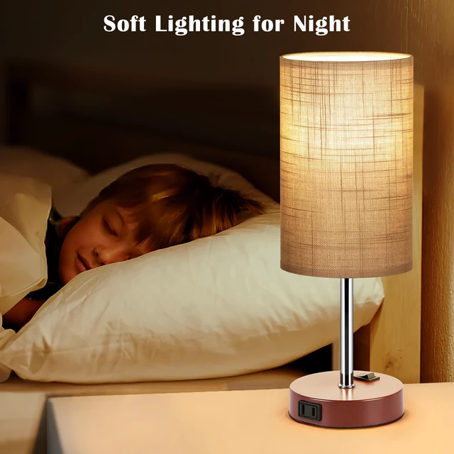 Alt view image 7 of 7 - Bedside Table Lamp Set of 2, 13.8" Small Lamp for Bedroom Nightstand AC Outlet,3 Dimmable,Rocker Switch,Gray Fabric Lampshade,Brown Base,Nightstand Desk Lamp for Living Room Home Decor Lights