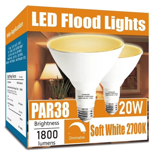 Main image of Par38 led Flood Lights Outdoor Light Bulb,Dimmable 1800LM,20W Replace up to 200W,Outdoor Flood Light Bulbs for Backyard,Garage,Porch,Garden,2 Pack 2700K Warm Light