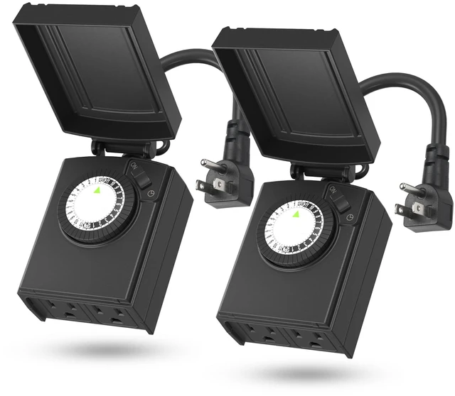 Main image of Outdoor 24-Hour Mechanical Timer Outlet, 2 Grounded Outlets, 2 Pack 30-min Intervals; Daily Repeat; Easy Dial; Weatherproof Cover; For Christmas Lights, Pump, Sprinkler, Fountain, ETL Listed