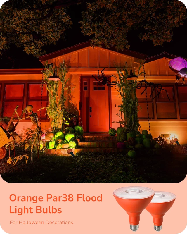 Alt view image 2 of 7 - Halloween PAR38 LED Flood Orange Light Bulbs Dimmable 4 Pack 18W (120W Equivalent), IP65 Waterproof, E26 Base, 40° Beam Angle LED Light Bulb for Outdoor Halloween Decorations