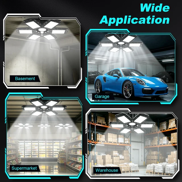 Alt view image 2 of 7 - 2 Pack LED Garage Lights, 200W 20000LM 6500K Ceiling Light Fixtures Ultra Bright LED Shop Light, 6 Adjustable Panels,Deformable, For Work Shop Warehouse Attic
