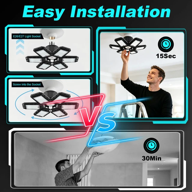 Alt view image 4 of 7 - 2 Pack LED Garage Lights, 200W 20000LM 6500K Ceiling Light Fixtures Ultra Bright LED Shop Light, 6 Adjustable Panels,Deformable, For Work Shop Warehouse Attic