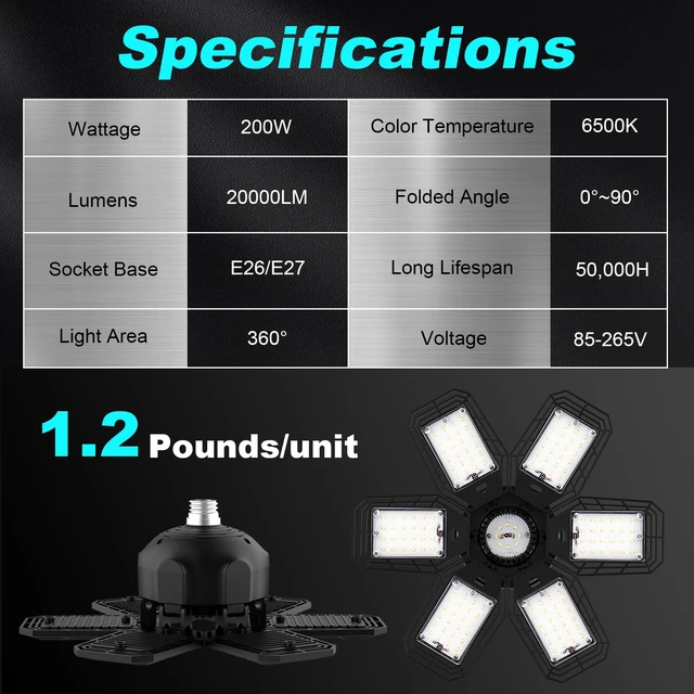 Alt view image 7 of 7 - 2 Pack LED Garage Lights, 200W 20000LM 6500K Ceiling Light Fixtures Ultra Bright LED Shop Light, 6 Adjustable Panels,Deformable, For Work Shop Warehouse Attic