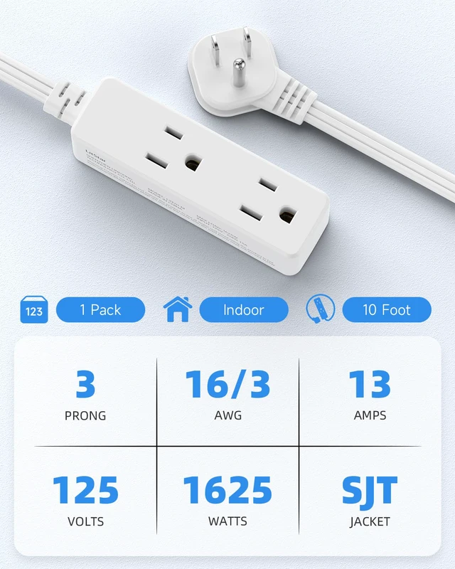 Alt view image 3 of 7 - Flat Plug Extension Cord with 3 Outlets - 10 ft White Low Profile Indoor 3 Prong Grounded Power Strip for Home Office & Travel - 16/3 AWG, 13A/1625W