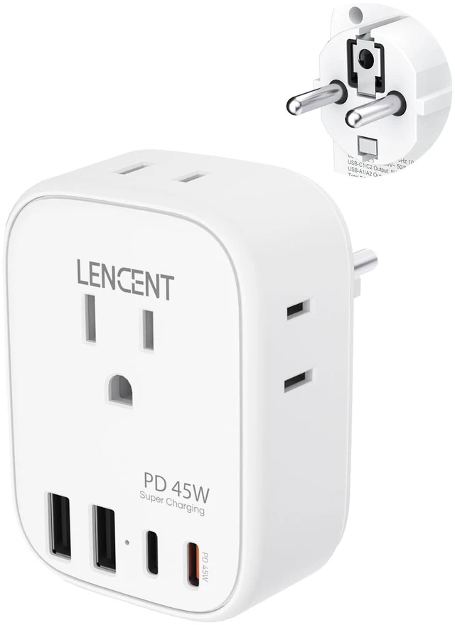 Main image of Germany France Travel Power Adapter, PD 45W USB C Fast Charger Schuko Type E F Plug Adapter with 4 Outlets, Travel Essentials for US to Europe EU Spain Greece Russia Germany South Korea