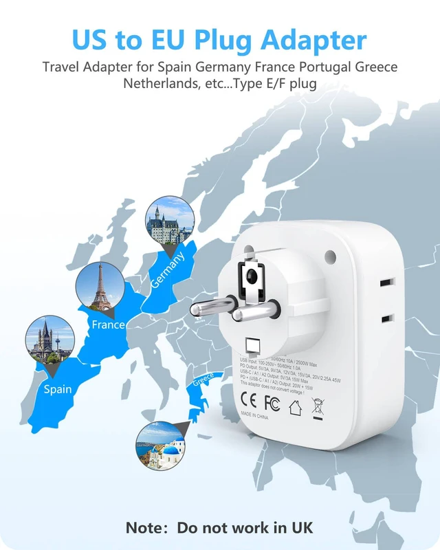 Alt view image 2 of 7 - Germany France Travel Power Adapter, PD 45W USB C Fast Charger Schuko Type E F Plug Adapter with 4 Outlets, Travel Essentials for US to Europe EU Spain Greece Russia Germany South Korea