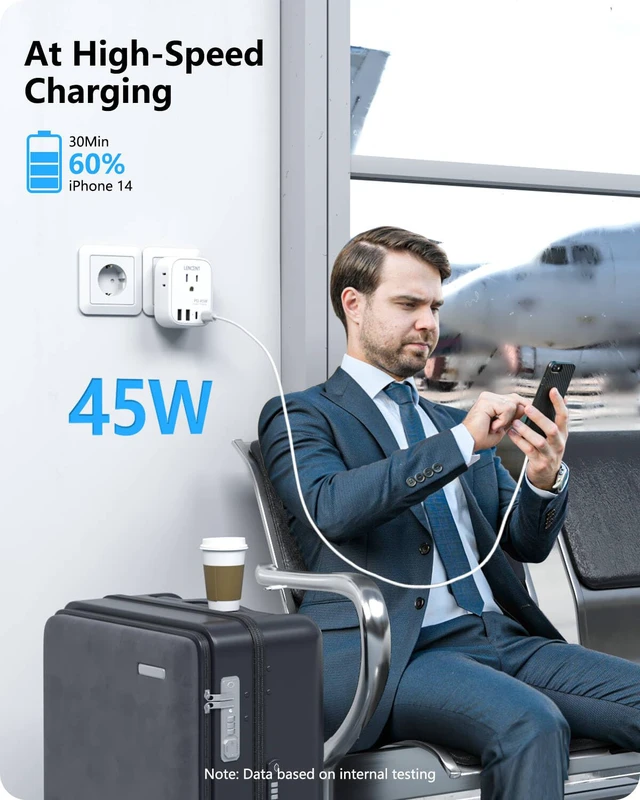 Alt view image 3 of 7 - Germany France Travel Power Adapter, PD 45W USB C Fast Charger Schuko Type E F Plug Adapter with 4 Outlets, Travel Essentials for US to Europe EU Spain Greece Russia Germany South Korea
