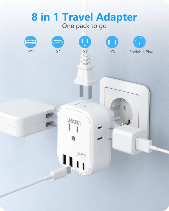 Alt view image 5 of 7 - Germany France Travel Power Adapter, PD 45W USB C Fast Charger Schuko Type E F Plug Adapter with 4 Outlets, Travel Essentials for US to Europe EU Spain Greece Russia Germany South Korea