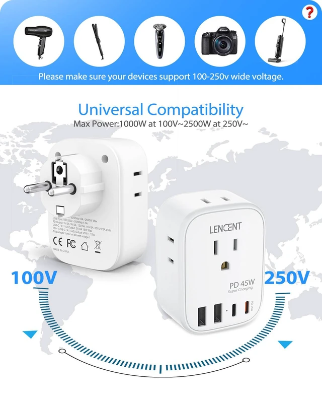Alt view image 6 of 7 - Germany France Travel Power Adapter, PD 45W USB C Fast Charger Schuko Type E F Plug Adapter with 4 Outlets, Travel Essentials for US to Europe EU Spain Greece Russia Germany South Korea