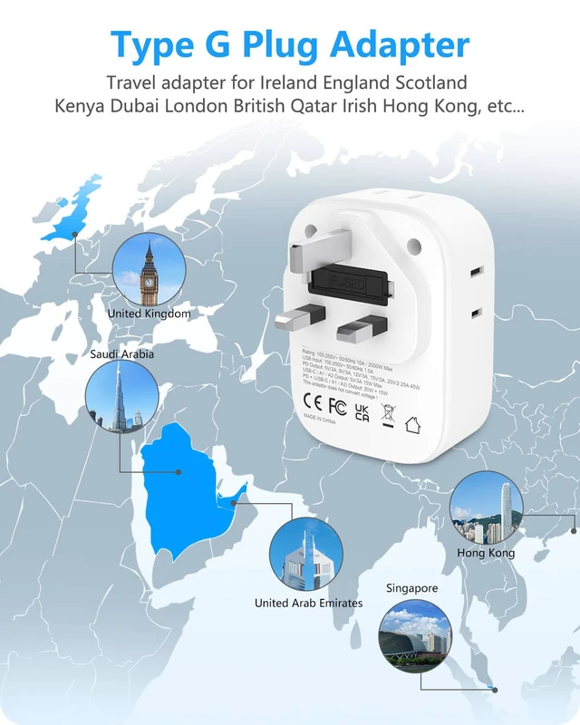 Alt view image 2 of 7 - US to UK Ireland Travel Plug Adapter, PD45W Grounded Type G Adapter Travel Adapter with 4 Outlets 4 USB Ports(2 USB C), Power Plug for US to Dubai Scotland British London England Singapore