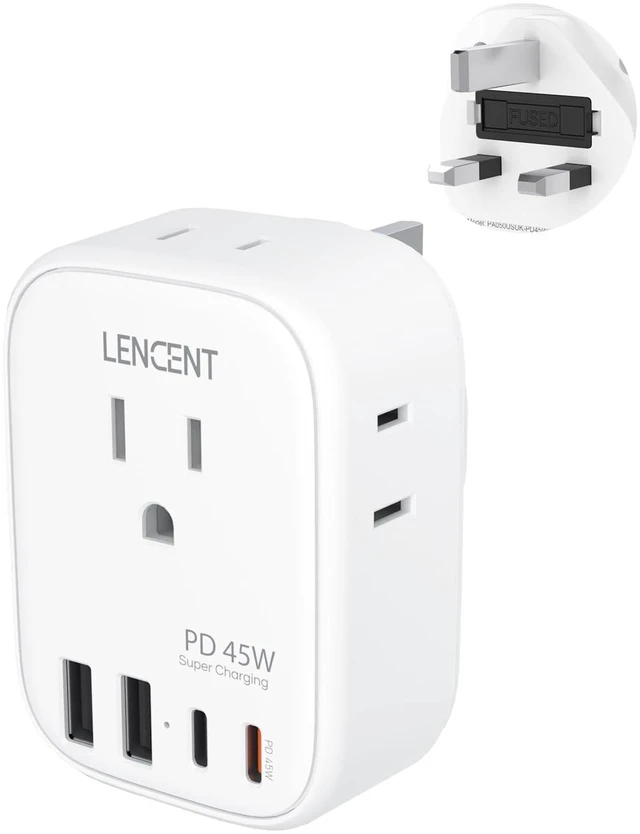 Main image of US to UK Ireland Travel Plug Adapter, PD45W Grounded Type G Adapter Travel Adapter with 4 Outlets 4 USB Ports(2 USB C), Power Plug for US to Dubai Scotland British London England Singapore