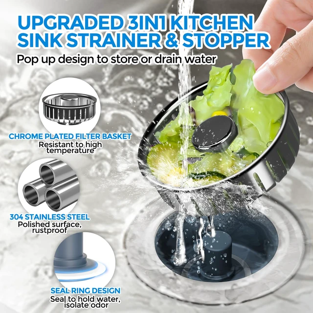 Alt view image 2 of 7 - Kitchen Sink Drain Strainer - Kitchen Sink Stopper, 304 Stainless Steel Sink Drain Stopper, Sink Protector for Kitchen with Anti-Clog Filter, Fit US Standard 3-1/2'' Sink Drain Hole, Gray