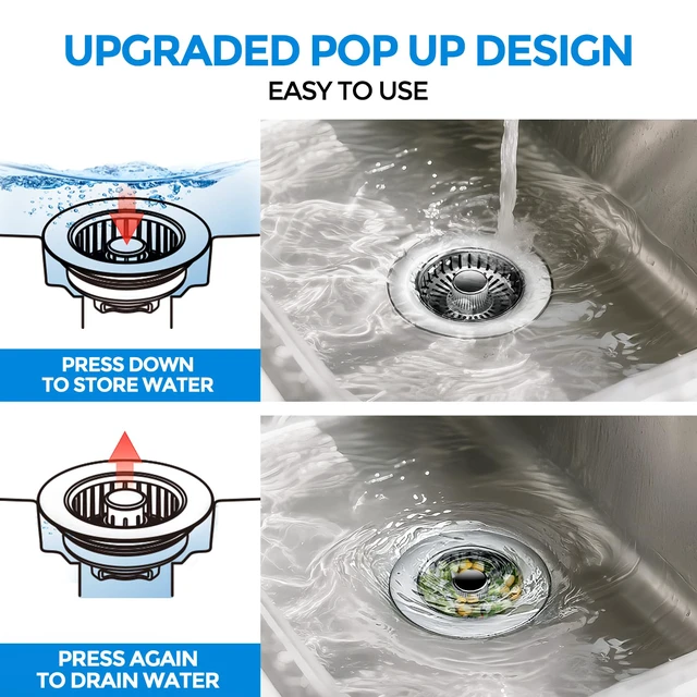 Alt view image 3 of 7 - Kitchen Sink Drain Strainer - Kitchen Sink Stopper, 304 Stainless Steel Sink Drain Stopper, Sink Protector for Kitchen with Anti-Clog Filter, Fit US Standard 3-1/2'' Sink Drain Hole, Gray